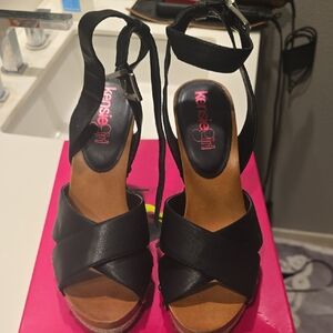 Kensie Girl Black Cross-Strap Ankle-Tie Wedge Sandals